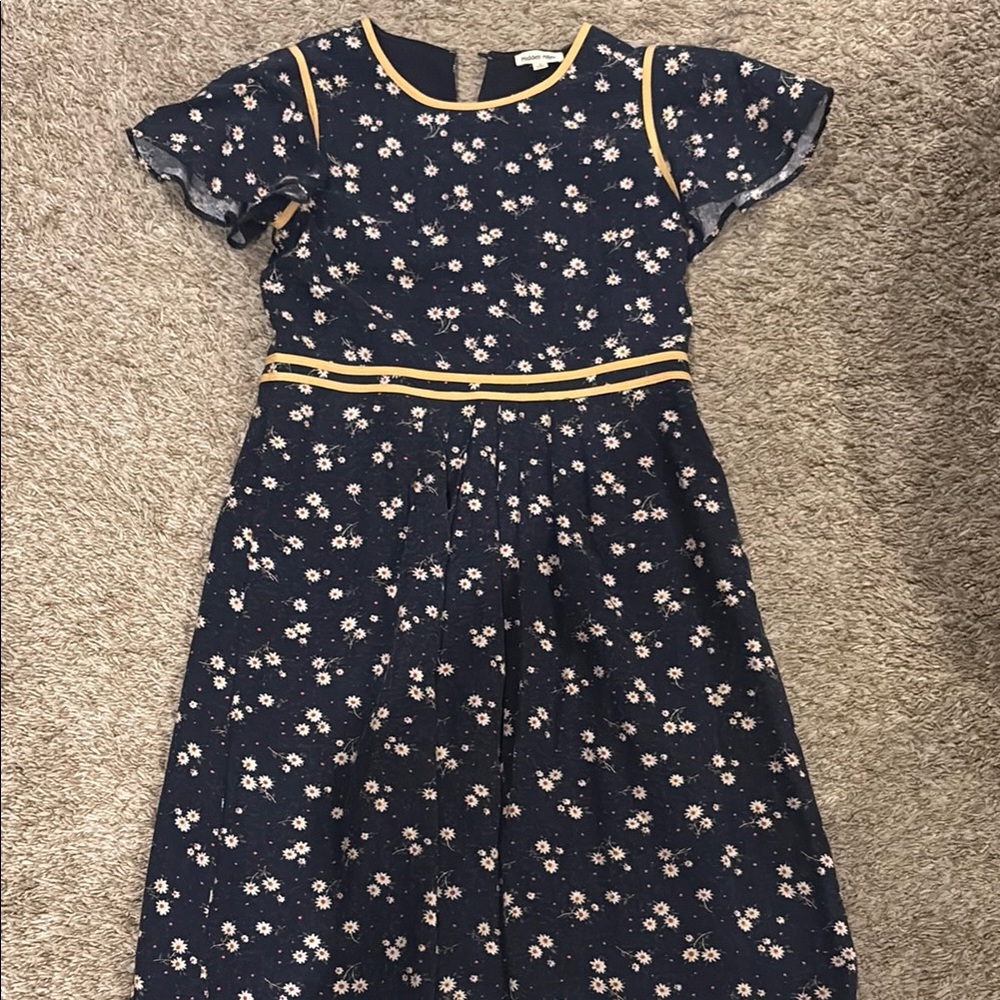 Blue and White A-Line Midi Dress with Flutter Sleeves